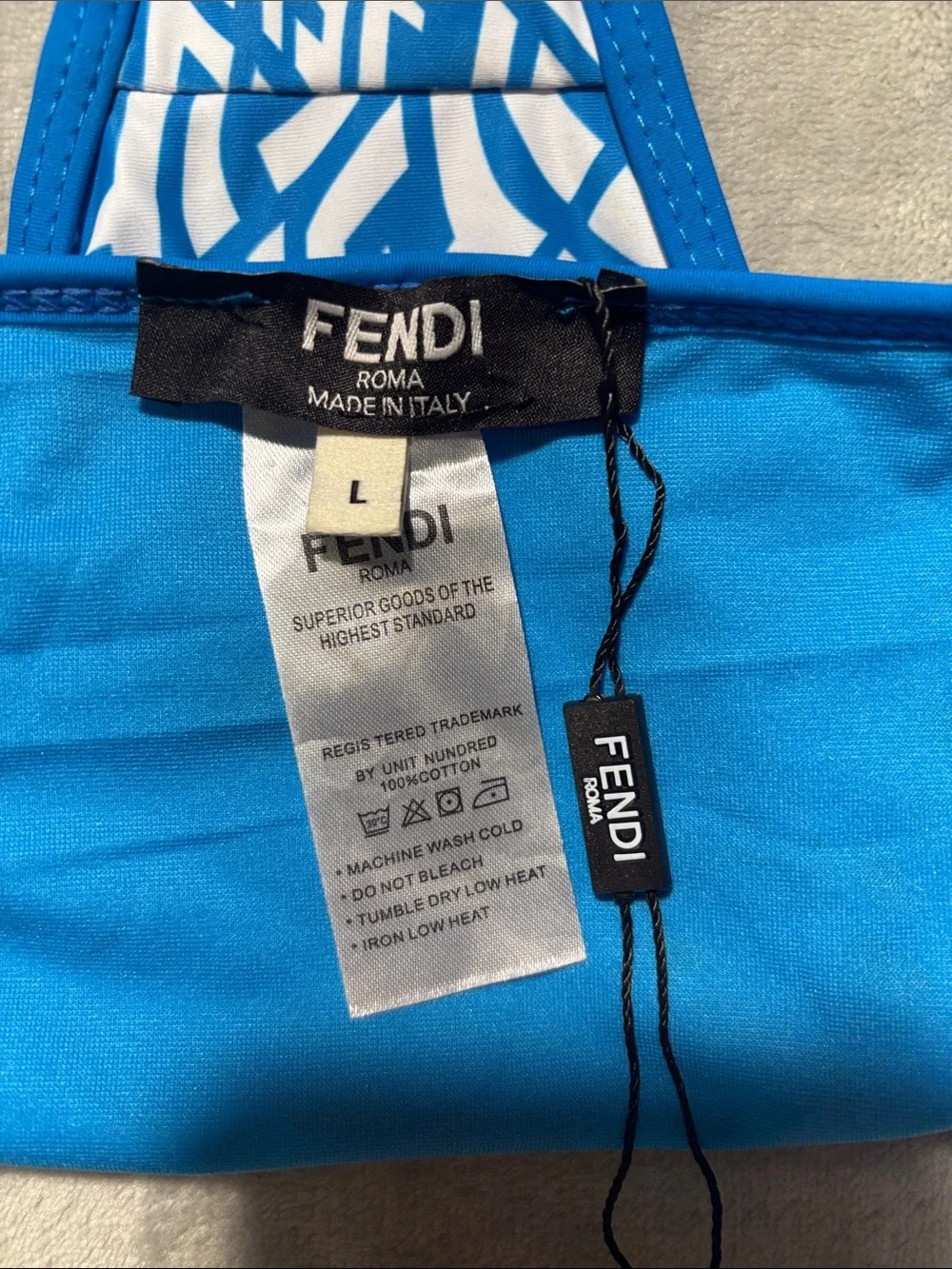 Fendi FF Vertigo Bikini Set Blue White Logo Monogram String Swimsuit Size L